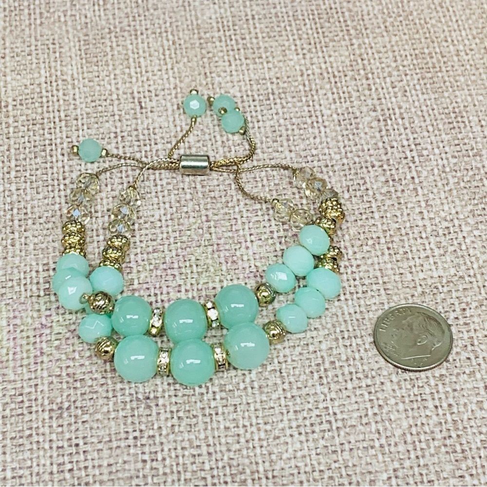 Aqua‎ Glass Beaded Gold Bead Drawstring Bracelet